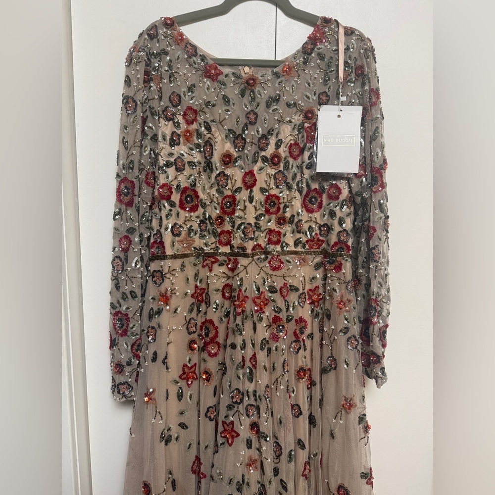 NWT | Mac Duggal Cream Maxi Dress with Long Sleeves & Floral Embroidery Size 16 - Picture 6 of 15